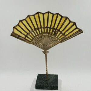 VTG Brass Stained Glass Fan Candle Holder on Marble Base Art Deco Style 13"